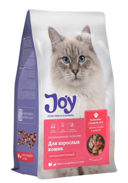 JOY ГЛАМУР 7 кг сухой корм для взрослых кошек для ухода за кожей и шерстью