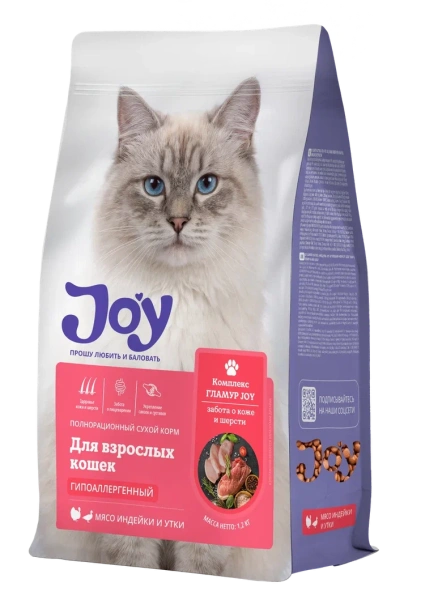 JOY ГЛАМУР 7 кг сухой корм для взрослых кошек для ухода за кожей и шерстью