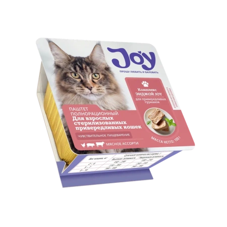 JOY ЭНДЖОЙ 100г консервированный корм для взрослых стерилизованных кошек паштет мясное ассорти