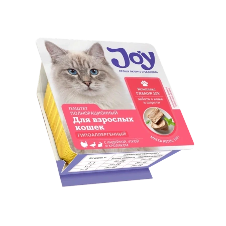 JOY ГЛАМУР 100г консервированный корм для кошек, для поддержания здоровья кожи и красоты шерсти