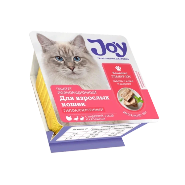 JOY ГЛАМУР 100г консервированный корм для кошек, для поддержания здоровья кожи и красоты шерсти