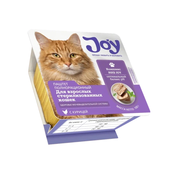 JOY МБК 100г консервированный корм для стерилизованных кошек для профилактики мкб паштет с курицей